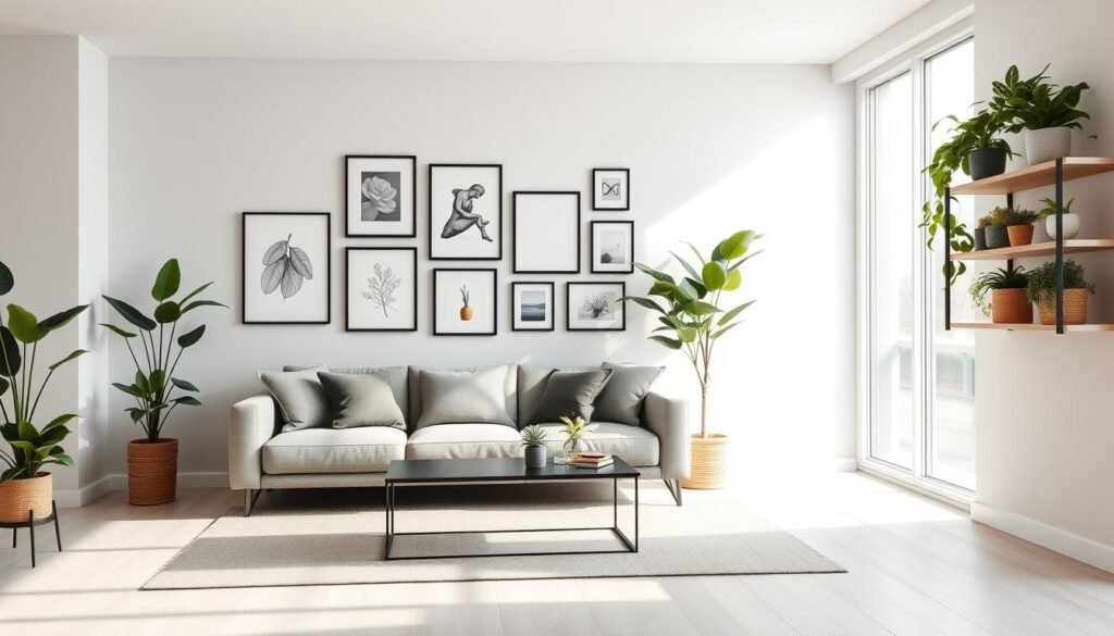 Minimalist living room decor with gallery wall and plants