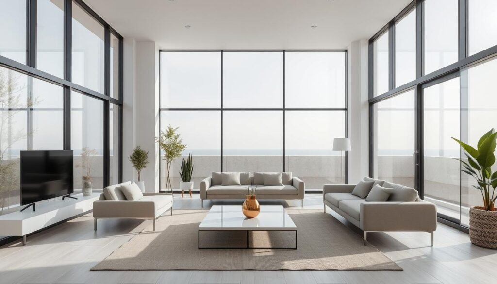 minimalist living room with large windows