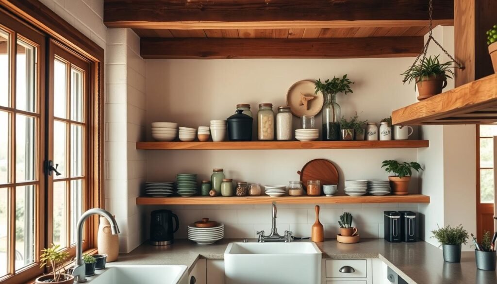 open shelving in farmhouse kitchen